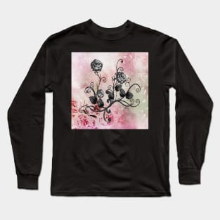 Pink Roses Scroll Graphic Design Thorn & Rose Long Sleeve T-Shirt